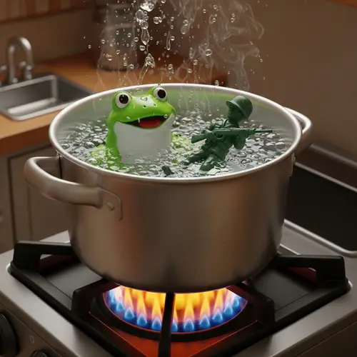 Toy Frog and Figure in Boiling Water Fantasy Scene