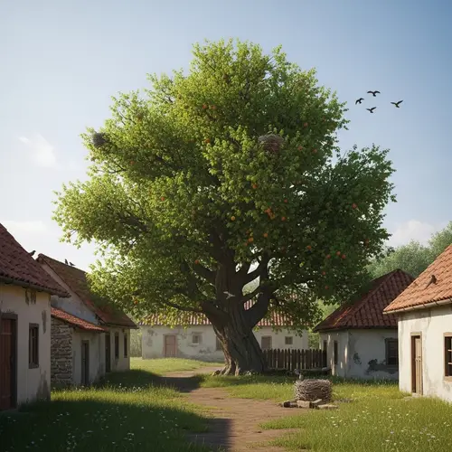 Serene Village Landscape: Ancient Tree, Fruits, Birds, Nests