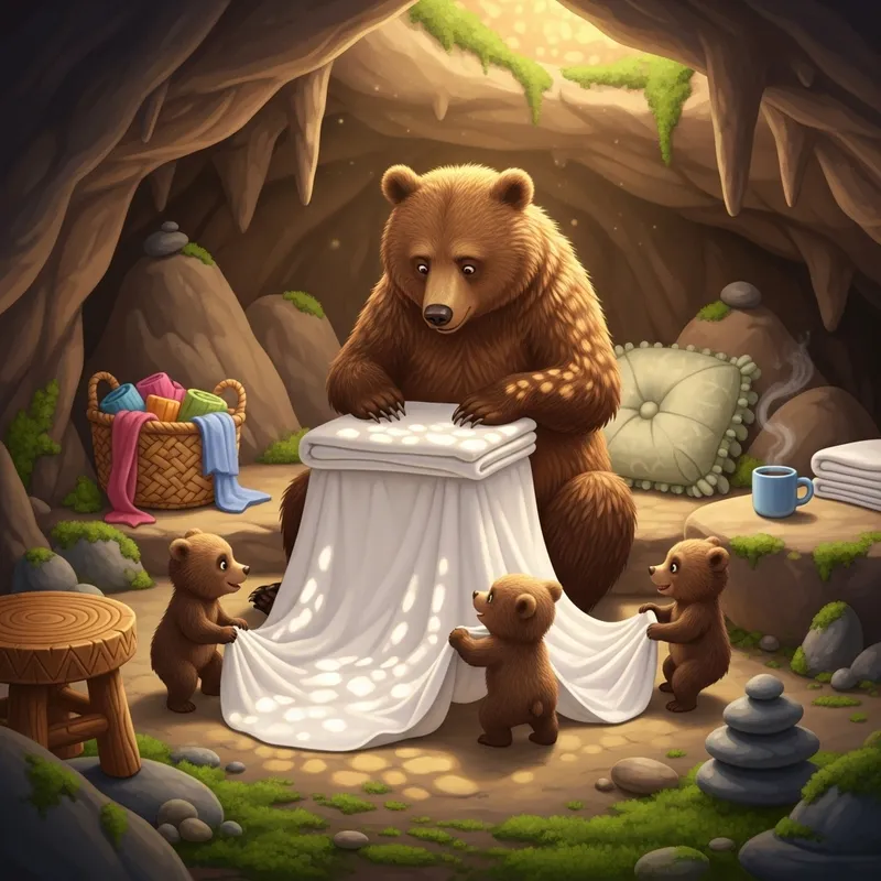Brown Bear Mother & Cubs Folding Bed Sheets in Cozy Cave - Wildlife Scene