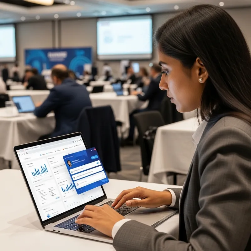 Create Realistic Image of Person Interacting with AI Web App at Business Event