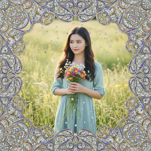 Asian Teenage Girl in Blooming Meadow with Wildflowers