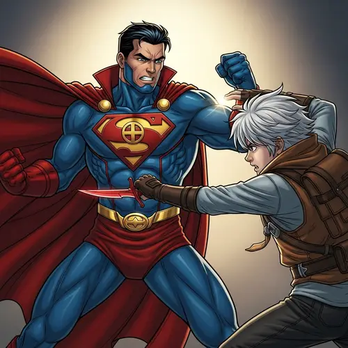 Superman vs. Bell Cranel: Dynamic Battle Scene in High Contrast