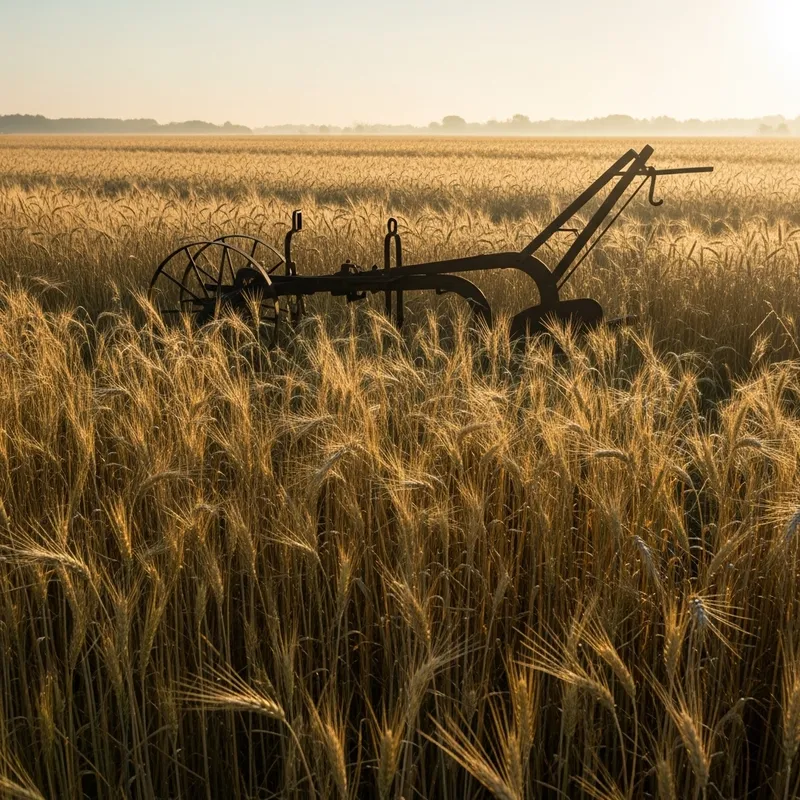 Plow and Wheat Stalks: Golden Morning Agriculture Scene