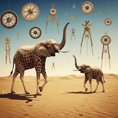 Surreal Desert Scene with Giraffe-Legged Elephants and Floating Compasses