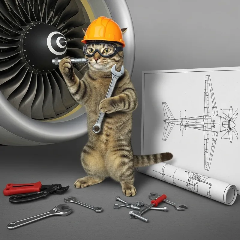 Cat Aircraft Engineer - Whimsical Feline Aviation Scene