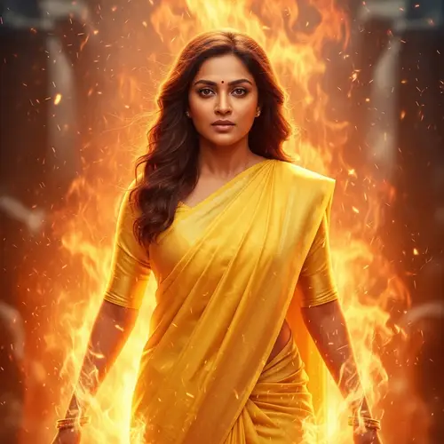 Draupadi in Glowing Yellow Saree Emerging from Fire