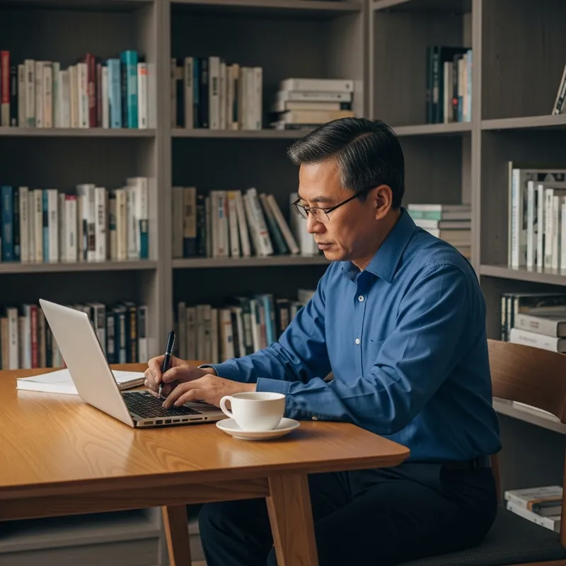 Asian Man Writing Email at Wooden Desk | Engrossed Work Environment