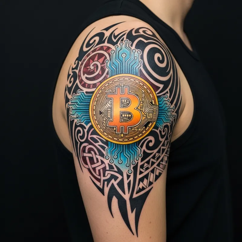 Bitcoin Tribal Tattoo Design - Colored Deltoid Ink Idea