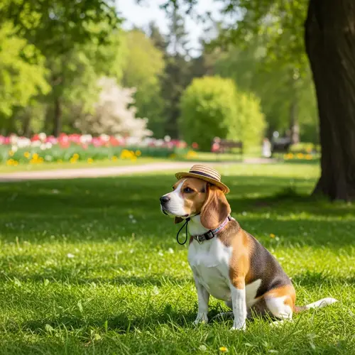 Playful Beagle in Straw Hat Enjoying Sunny Park