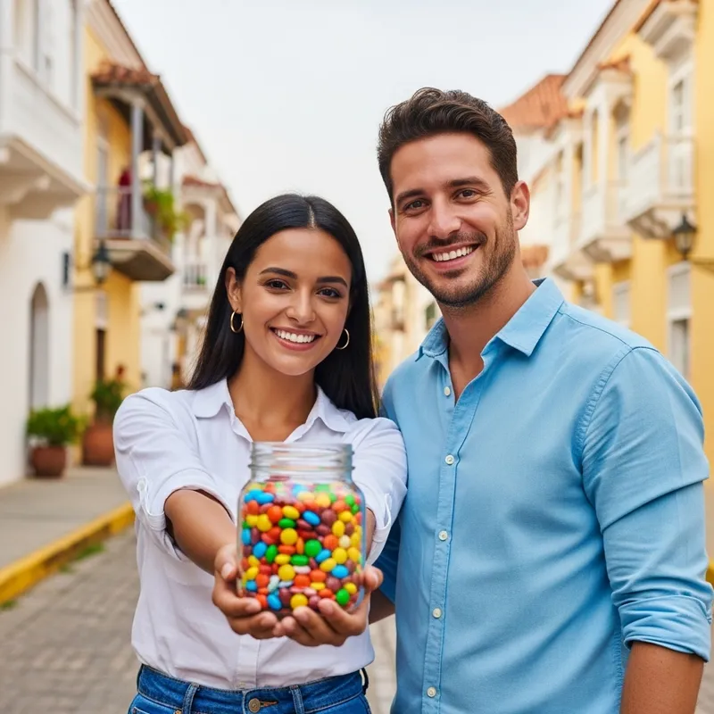 Cheerful Young Couple Sharing Colorful Colombian Sweets in Cartagena | Vibrant Scene