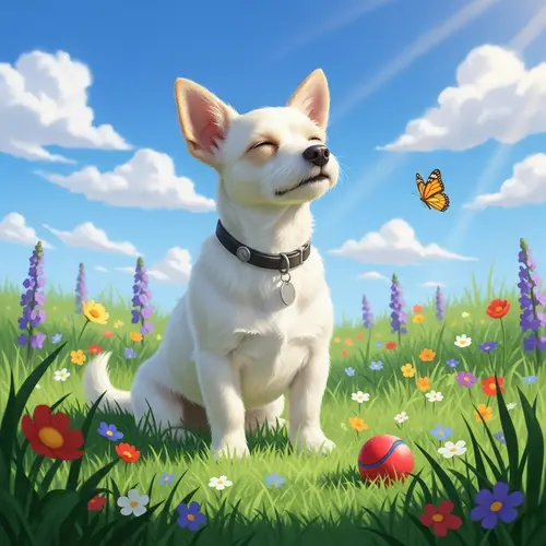 Tranquil White Dog in Meadow with Flowers | Pet Life Serenity