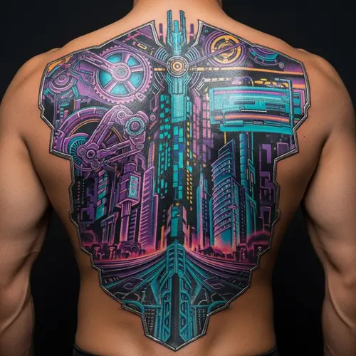 Detailed Cyberpunk-Themed Back Tattoo Design