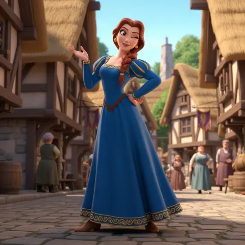 Graceful Woman Winking in Medieval Village - Pixar Style