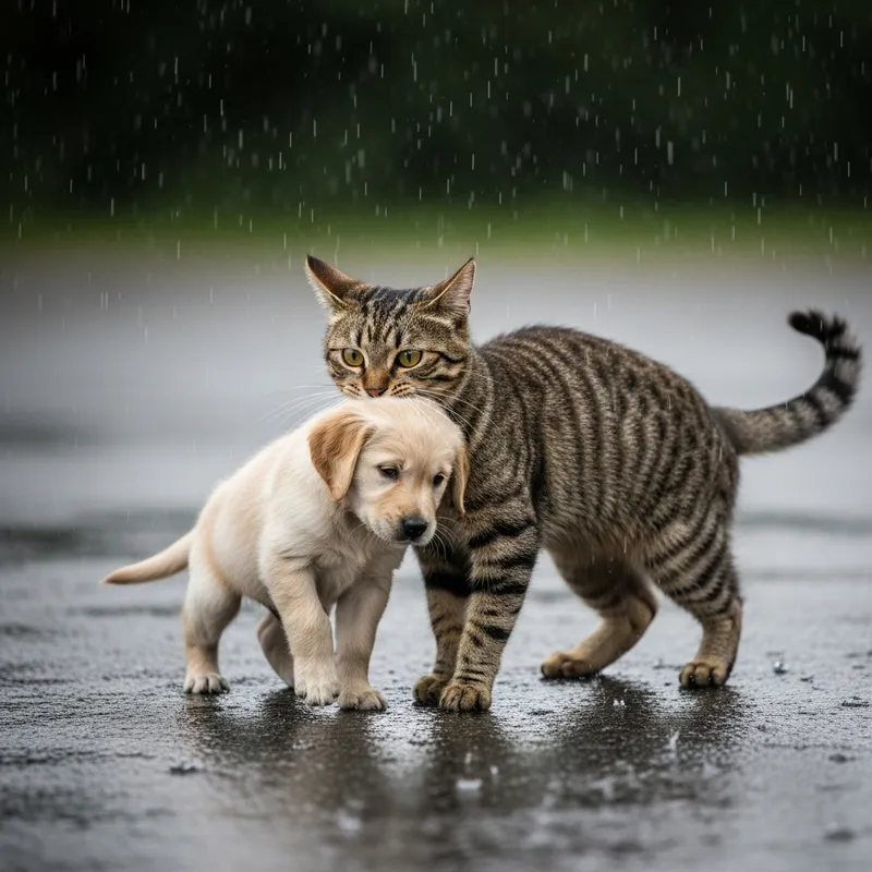 Cat Rescues Puppy in Brave Act in the Rain