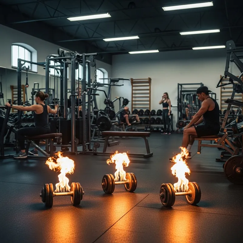 Vintage Gym with Flaming Dumbbells | Fiery Retro Fitness Scene Vintage Gym with Flaming Dumbbells | Fiery Retro Fitness Scene