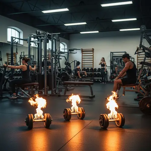 Retro Gym with Fiery Dumbbells | Unique Vintage Fitness Atmosphere