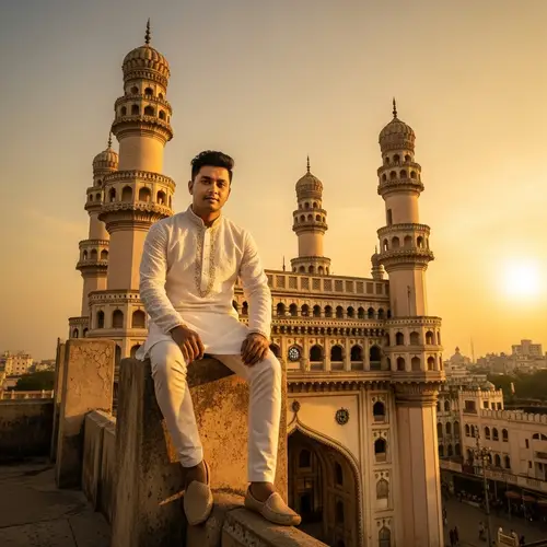 Iconic Asian Indian Man Sitting on Charminar-like Structure