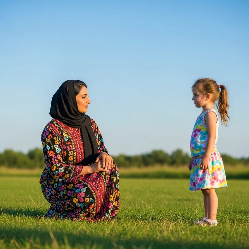 Mother Gazing at Daughter in Serene Setting