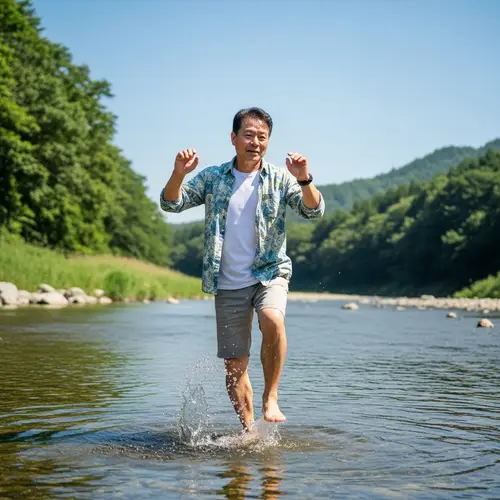Middle-Aged Asian Man Dancing in Shallow River