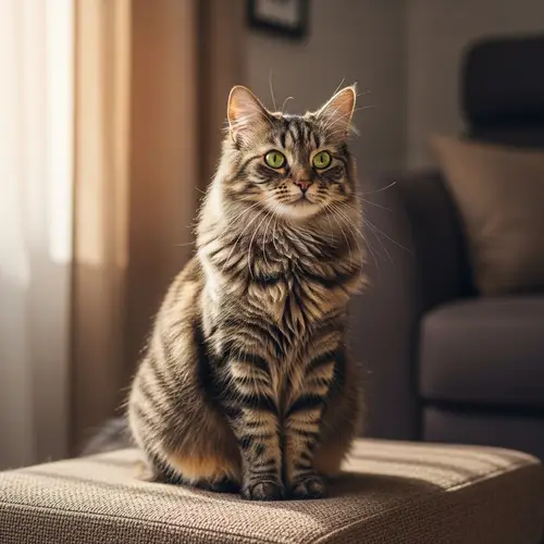 Majestic Cat with Fluffy Coat and Emerald Eyes | Comfortable Home Scene