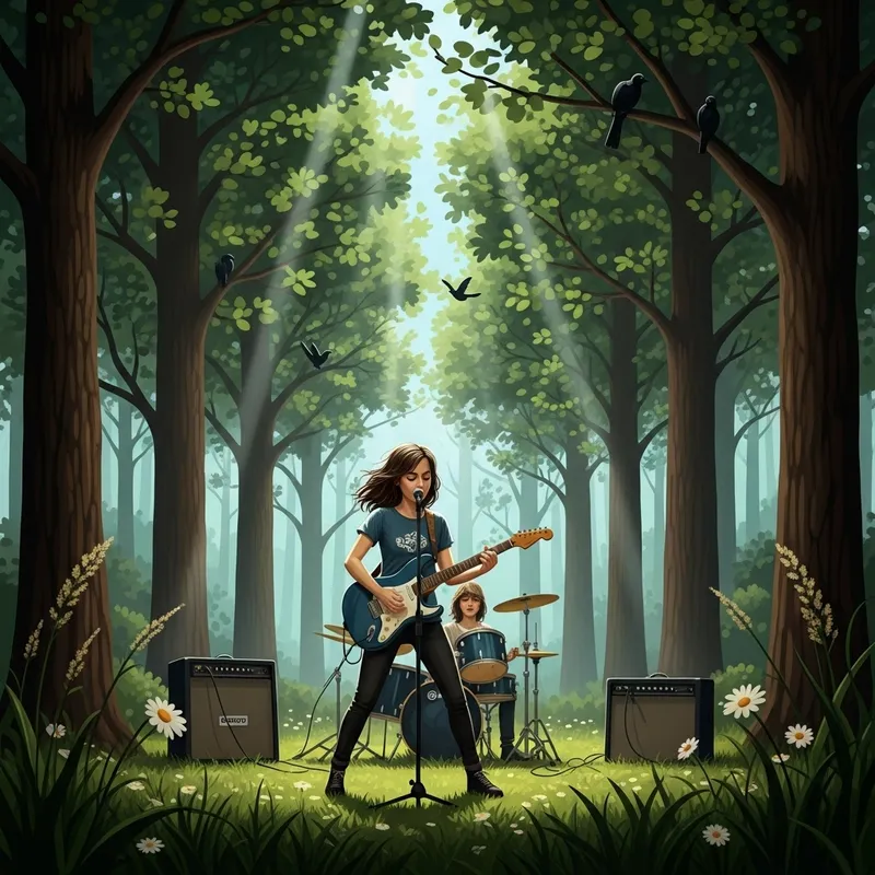 Young Female Rock n Roller Performing Joyfully in Forest Young Female Rock n Roller Performing Joyfully in Forest