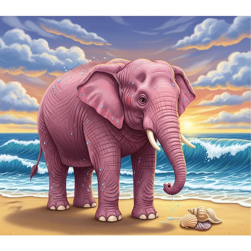 Pink Elephant on Beach at Sunset | Friendly Seashell Observer