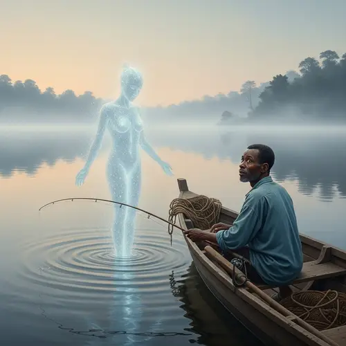 African Fisherman Encounter in Serene Lake with Divine Being
