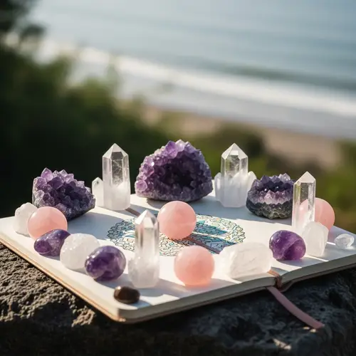 Serene Journaling Scene with Crystals for Self-Care and Growth
