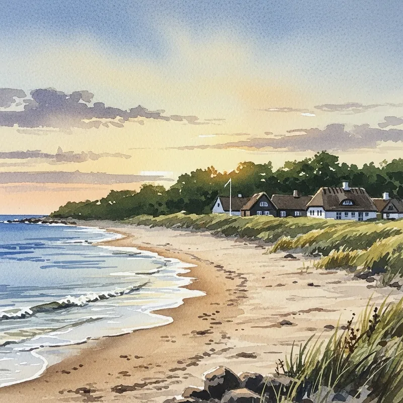 Søndervig Danish Coastal Town - Watercolor Painting of Serene Beach Landscape