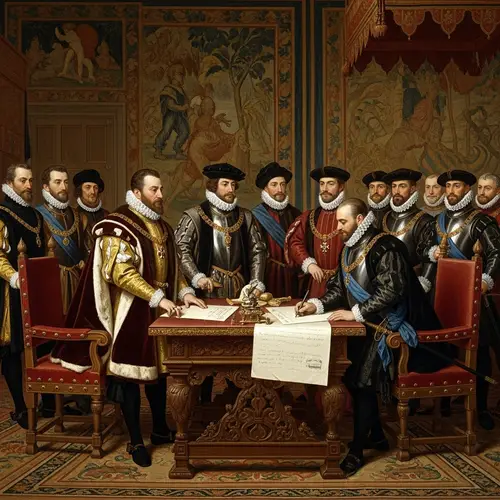 Henry VIII Signing Treaty of Ardres with Francis I