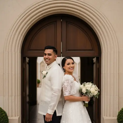 South Asian and Hispanic Wedding Couple at Arched Doorway