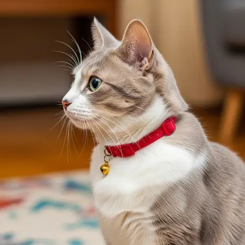 Adorable Fluffy Domestic Cat with Red Collar | Cozy Indoor Scene
