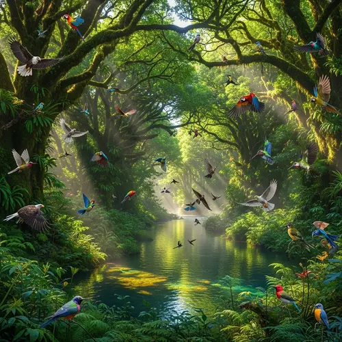 Lush Forest with Tall Trees and Flying Birds