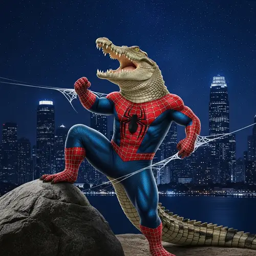 Crocodile Spiderman Hero Pose | Cityscape Sky Background