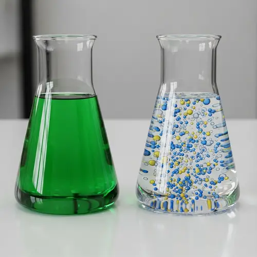Glass Beakers Illustration: Green & Clear Liquids with Blue and Yellow Molecules