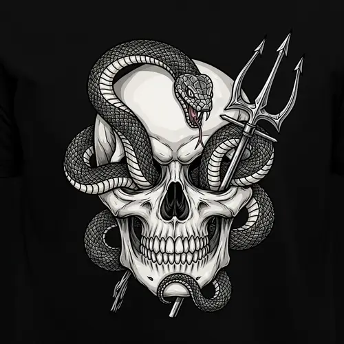 Skull and Snake T-Shirt Design with Trident | Custom Apparel Art