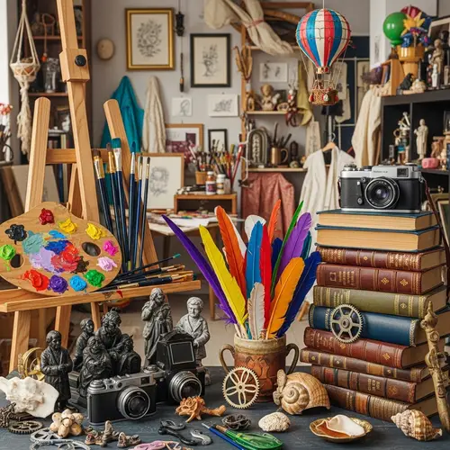 Creative Scene with Easel, Quills, Books, and Knick-knacks
