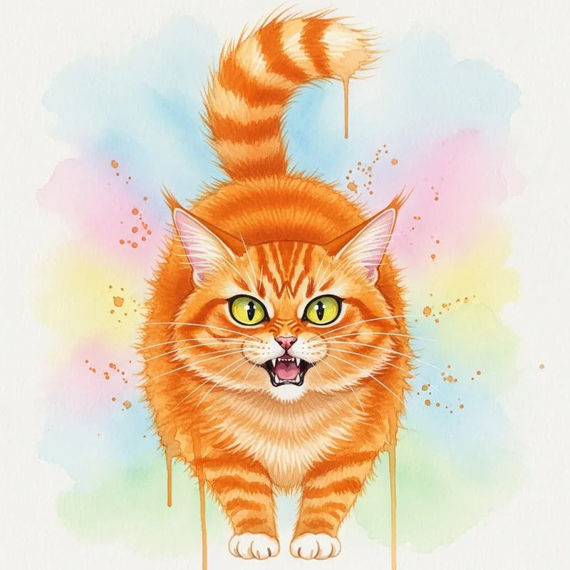 Enraged Cat Watercolor Portrait | Intense Orange Fur