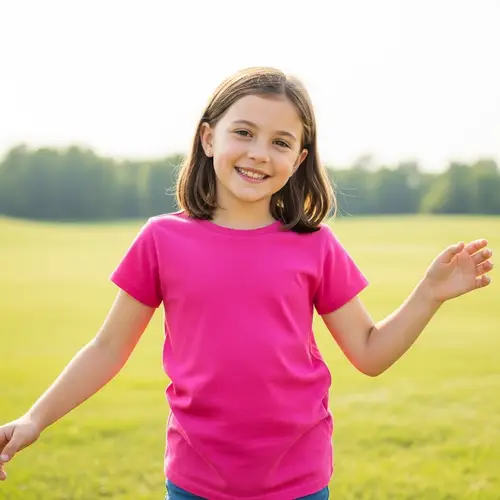 Playful Portrait of a Young Girl in Vibrant Pink T-Shirt