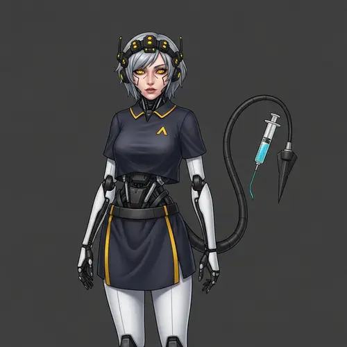 Female Drone Dismantler with Yellow Neon Eyes and Short Silver Hair