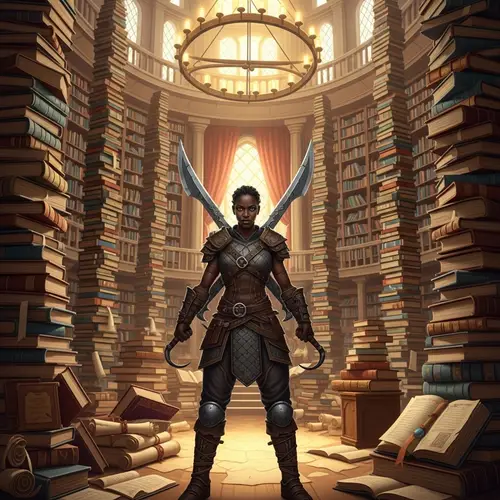 Black Female Warrior in Library | Fantasy Swords Books