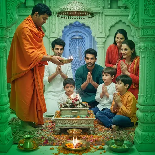 South Asian Hindu Poojari performing Hawan in Temple with Devotee Family