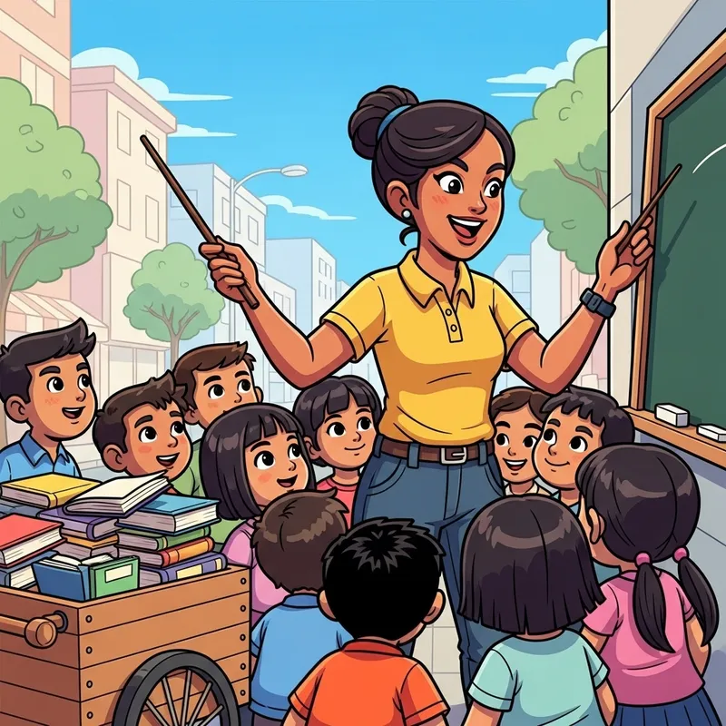 Outdoor Filipino Female Teacher Cartoon Characters Teaching with Books Cart