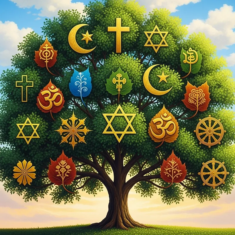Religious Symbol Tree Art | Unity Through Diversity