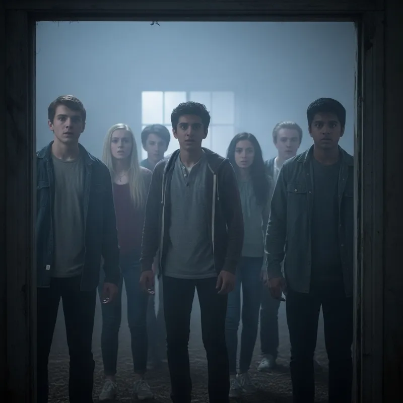 Scared Teens in Dark Abandoned House on Foggy Night