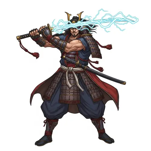 Muscular Samurai Warrior with Lightning Katana - Feudal Japan Theme