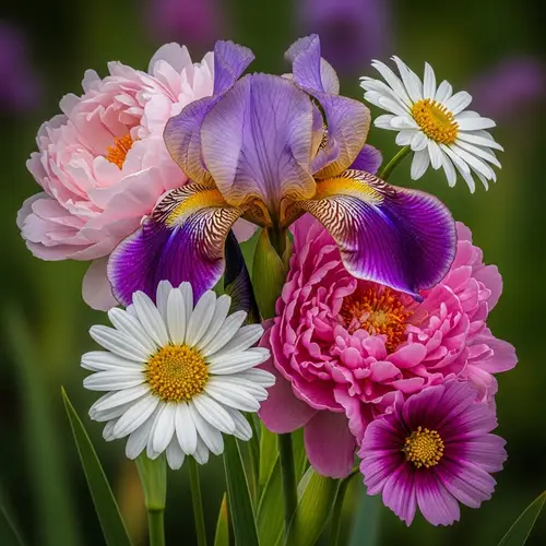 Vibrant Flower Photo | Iris, Peony, Daisy, Cosmos Elements | HDR Effects