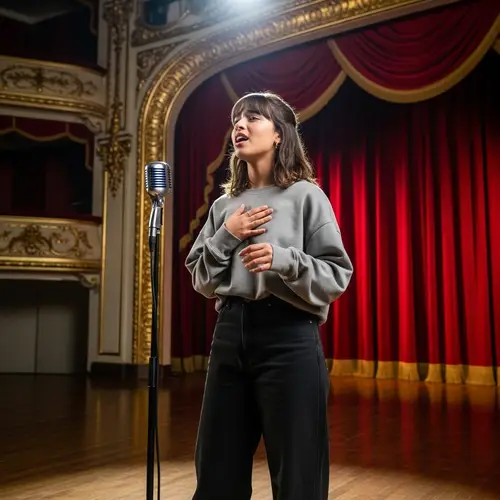 Brown-Haired Girl Singing on Grand Stage in Baggy Pants and Sweatshirt