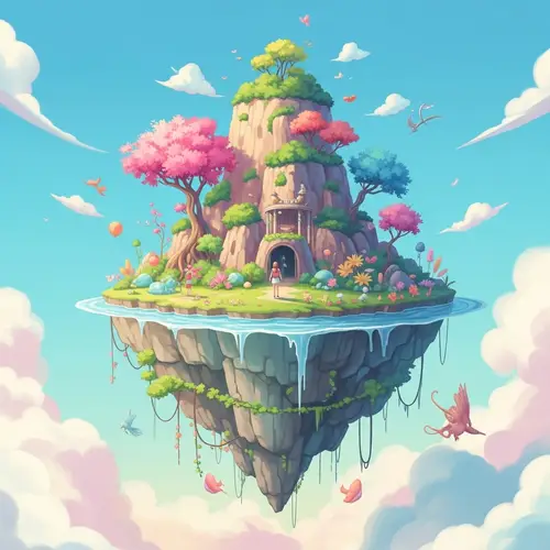 Dreamlike Floating Island with Vibrant Flora and Fauna