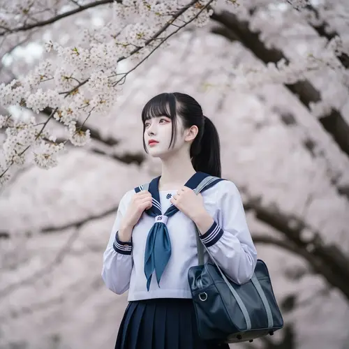 Japanese School Uniform Girl in Cherry Blossom Scene